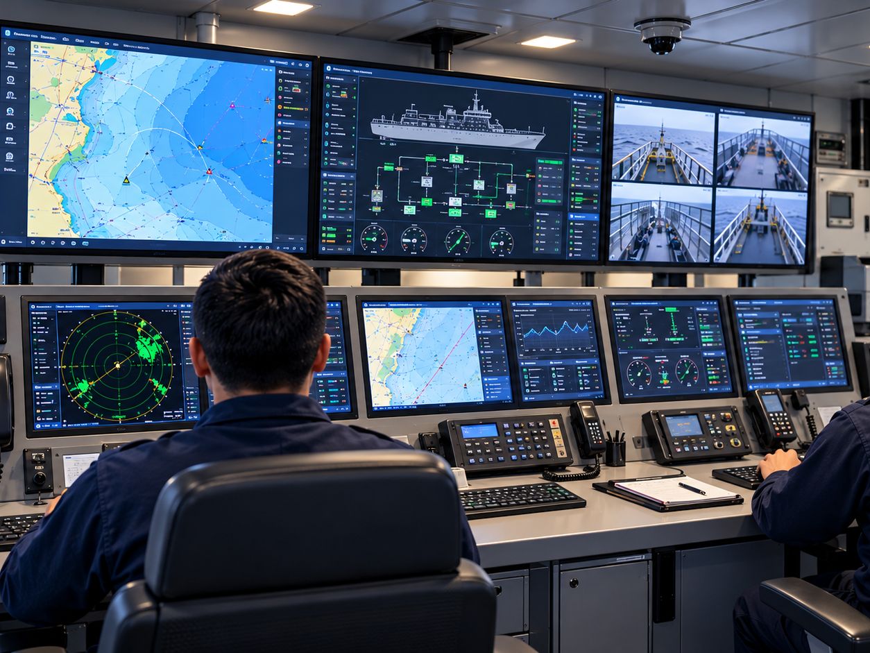 Operadores en la central de control de un buque, frente a pantallas de navegación, radar y monitoreo de la planta eléctrica